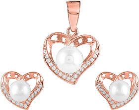 92.5 Sterling Silver Cubic Zirconia Studded My Heart Goes For You Pendant Earrings Set for Women and Girls (Rose Gold/ Silver)
