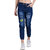 BuyNewTrend Roll Up Dark Blue Drawstring Printed Jeans For Women