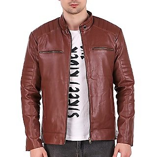                       Leather Retail Biker Digital Printed Brown Faux leather jacket For Mans                                              