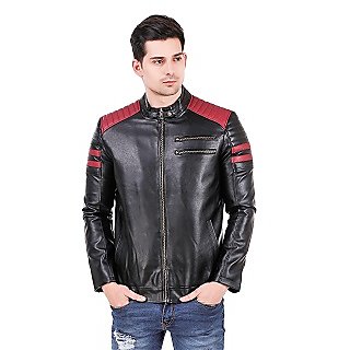                       Leather Retail Red Padding Design Black Faux Leather Jacket For Man                                              