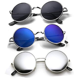 Adam Jones Black Blue Silver Mirrored Medium Full Rim Round Metal Unisex Sunglasses - Pack Of 3