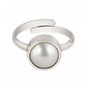                       Lab Certified Stone Pearl/Moti Ring 100 Original And Effective Stone Pearl Silver Plated Ring For Astrological Purpose By CEYLONMINE                                              