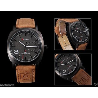 True Choice Black Round Dial Brown Leather Strap Analog Watch For Men's