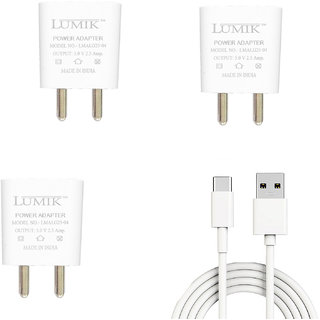 Lumik (Pack of 3) 5V 2.5 AMP Wall Charger Single USB Port with USB Data Cable - (White)