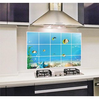                       Jaamso Royals Underwater Fish Kitchen Protection Anti-Mark Oil Proof Easy Clean Plastic Wall Stickers Mosaic Tiles Design Home Decor Aluminum Foil Heat-resistant Oilproof Art                                              
