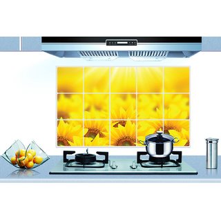                       Jaamso Royals Sunflowers design  Kitchen Protection Anti-Mark Oil Proof Easy Clean Plastic Wall Stickers Mosaic Tiles Design Home Decor Aluminum Foil Heat-resistant Oilproof Art                                              