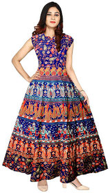 Frionkandy Sanganeri Jaipuri Print Cotton Blue A line Dress  SHKU1119