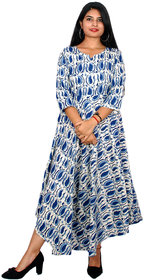 Frionkandy Sanganeri Jaipuri Print Rayon Blue A line Dress  SHKU1101