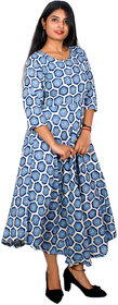 Frionkandy Sanganeri Jaipuri Print Rayon Blue A line Dress  SHKU1102