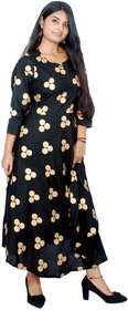 Frionkandy Sanganeri Jaipuri Print Rayon Black A line Dress  SHKU1107