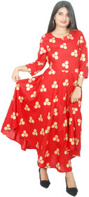 Frionkandy Sanganeri Jaipuri Print Rayon Red A line Dress  SHKU1108