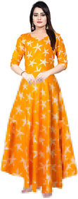 Frionkandy Sanganeri Jaipuri Print Rayon Yellow A line Dress  SHKU1043