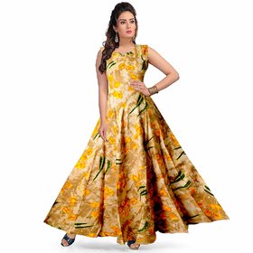 Frionkandy Sanganeri Jaipuri Print Rayon Yellow A line Dress  SHKU1052