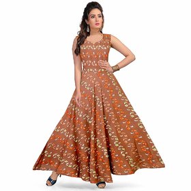 Frionkandy Sanganeri Jaipuri Print Rayon Brown A line Dress  SHKU1056