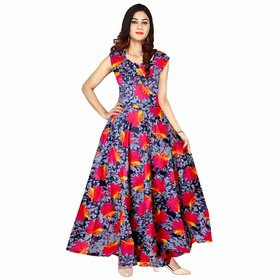 Frionkandy Sanganeri Jaipuri Print Rayon Grey A line Dress  SHKU1066Grey