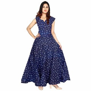 Frionkandy Sanganeri Jaipuri Print Rayon Blue A line Dress  SHKU1067