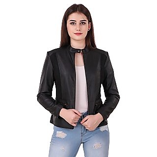                       Leather Retail Black colour  Spanish Style Faux Leather Jacket For Woman                                              