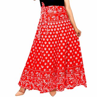 Frionkandy Cotton Red A-Line Wrap Around Skirt - Free Size  (Length-38, Waist upto-46)