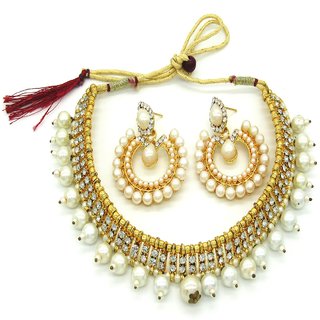                       White Pearl Moti Stone Necklace Set SMCN1282                                              