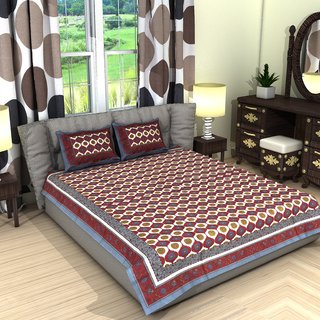 Frionkandy Jaipuri Sanganeri Print 100 Cotton 120 TC Maroon Double Bed Sheet + 2 Pillow Covers - SHKA1042