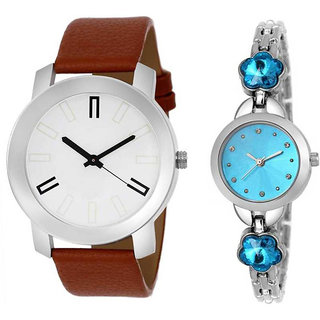 MACRON W-229 Couple Watch Combo Watch White Dial Brown Belt With Sky Blue Silver Watch 229