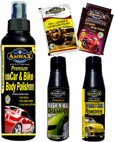 Amwax Car & Bike Body Polish 120ml, Scratch Remover 50ml,Wash and Wax 50ml,Dashboard Polish 10 ml,Body Polish 10ml Combo