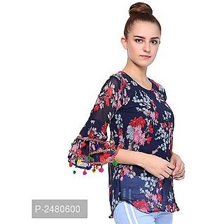                       RAABTA Navy Multi Color Floral Bell Sleeve Top With Pom Pom                                              