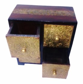Metalcrafts Wooden box with 4 drawers, brass patra fitted, 25 cm