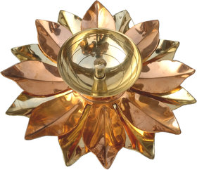 Decorate India Brass And Copper kamal Patti Akhand diya Brass, Copper Table Diya 6 inch Diameter