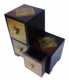 Metalcrafts Wooden box with 3 drawers, brass patra fitted, stylish, 25 cm