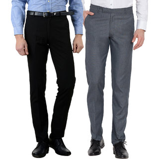 Haoser Men's Formal Trouser Combo of 2 /Cotton Rayon Slim Fit formal trousers for men-Black, Blue