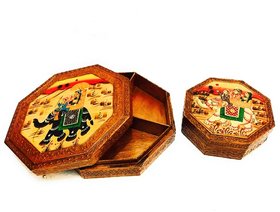 Metalcraft Wooden round box with partition inside, set of 2, big 9, small 6, hand painted, mango wood, 25 cm