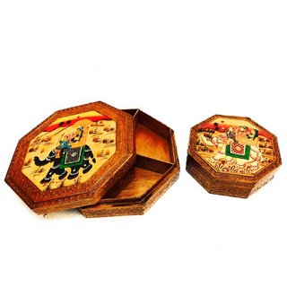 Metalcraft Wooden round box with partition inside, set of 2, big 9, small 6, hand painted, mango wood, 25 cm