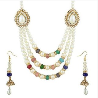 Multi color pearl 3 line pendant necklace set Multi color pearl 3 line pendant necklace set