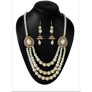                       Multi color pearl 3 line pendant necklace set                                              