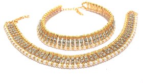Pearl and golden ball white stone anklet