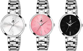 Espoir Analog Stainless Steel Combo Pack of 3 Multi Colour Dial Girl's and Women's Watch - Manisha Combo White Pink Blac