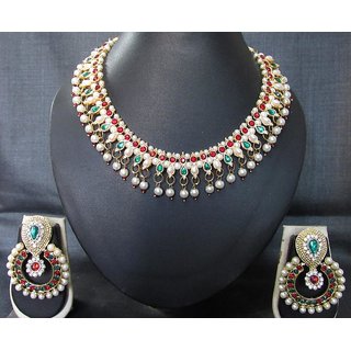                       Maroon green pearl polki necklace set                                              