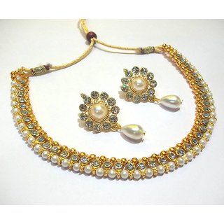                       Pearl Drop Flower Golden Polki Necklace Set                                              