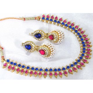                       Pink and Blue layer big gota necklace set                                              