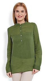 Anasazi Green Cotton Chinese Collar Solid/Plain Top