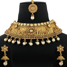 Silver Shine Gold Plated Choker  Traditional Self Textured Design Kundan Stone Studded with Multi Pearl Drop  Designer Bridal Wedding Necklace jewellery set for Girls And Women