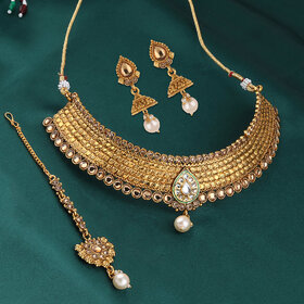 Silver Shine Gold Plated Choker  Traditional Self Textured kundan stone studded design With Pearl drop   Designer Bridal Wedding Necklace jewellery set for Girls And Women