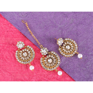 Kord Store Gold Plated American Diamond & Pearl Engraved Adorable Earring with Maang Tikka for Women and Girls