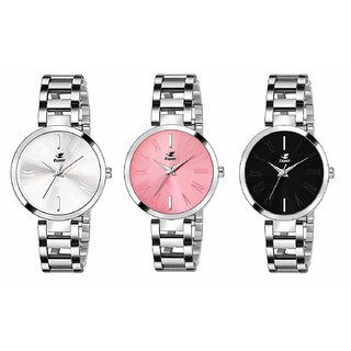 Espoir Analog Quartz Multi-Color Round Dial Girl's and Women's - Silver Pink Black Pack of 3 Watch Combo