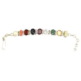                       Natural Stone Navaratna Silver Plated Bracelet/Rakhi Unheated  Untreated Stone Navarantan Bracelet By CEYLONMINE                                              