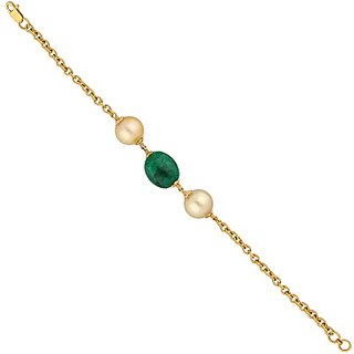                       Original stone Emerald  Pearl Gold Plated Bracelet(Rakhi) Unheated  Untreated Panna With Moti Rakhi By CEYLONMINE                                              