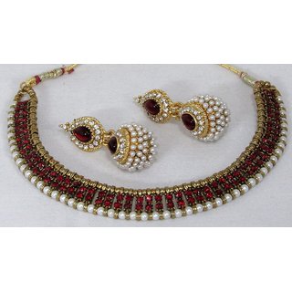                       Antic Maroon stone gota necklace set                                              