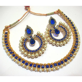                      Dark blue tilak pearl polki necklace set                                              
