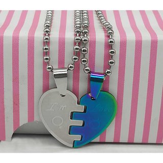 Men Style  Couple Heart I am Love Male And Female Broken Heart Locket With 2 Chain Stainless Steel Pendant Set